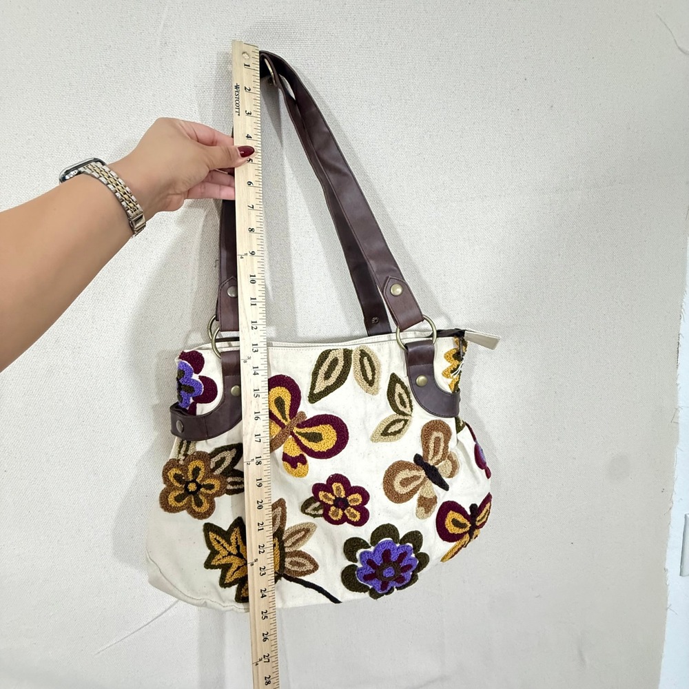 Magnolia Canvas Shoulder Bag‎ Embroidered Floral Butterfly Boho Cream Brown - Picture 2 of 6